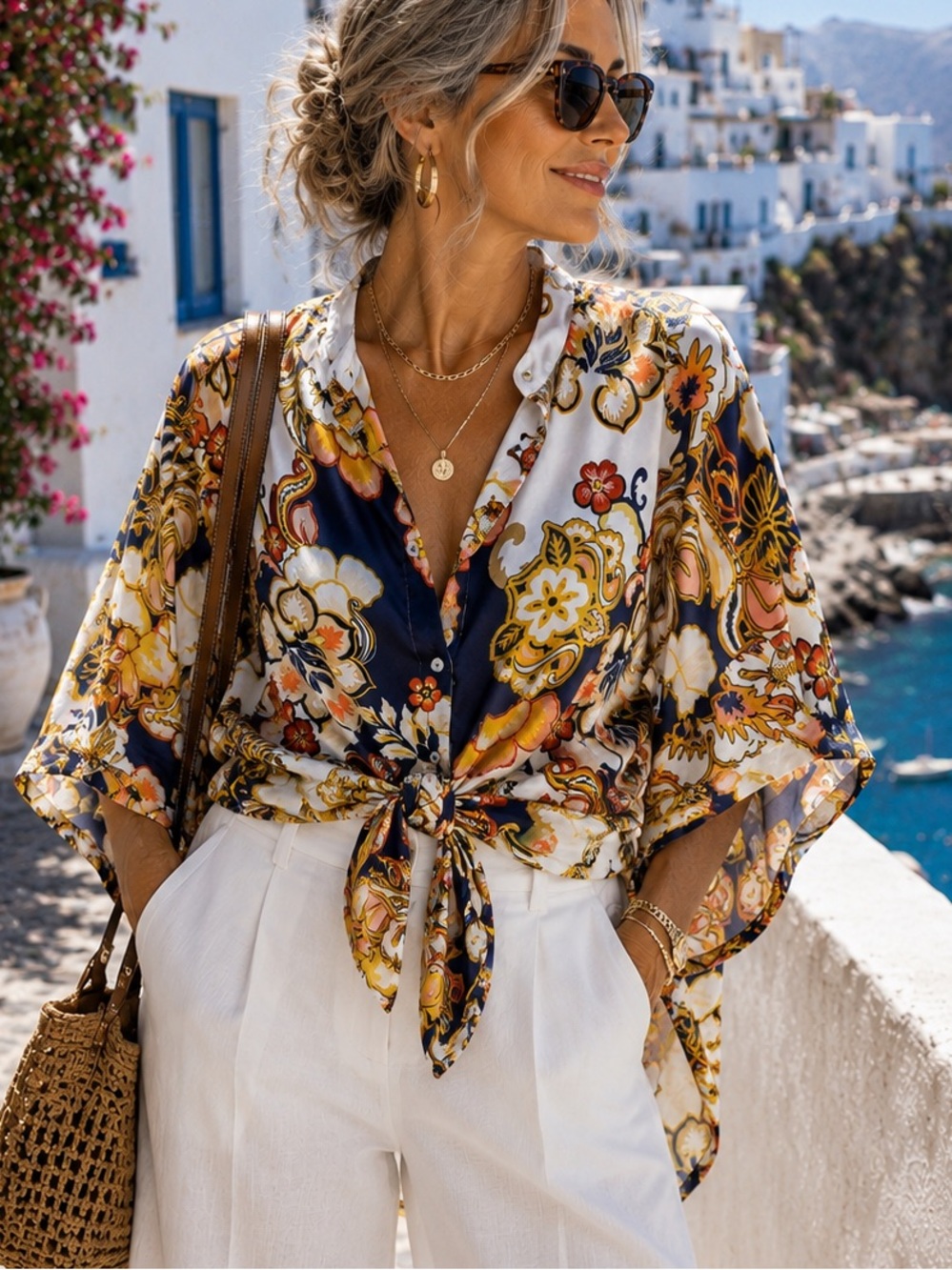 Chico’s Floral Paisley Tie Front Kimono Sleeve Silky Resort Blouse Sz 1 (8/10)